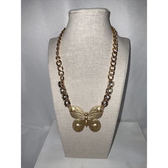 Betsey Johnson Gold Tone Blue/Purple & Iridescent Rhinestone Butterfly Necklace - Picture 4 of 8